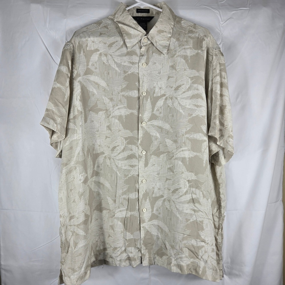 J. Ferrar Mens XL Washable Silk Button‎ Down Shirt Tan Beige Tropical Leaf Print - Picture 2 of 7